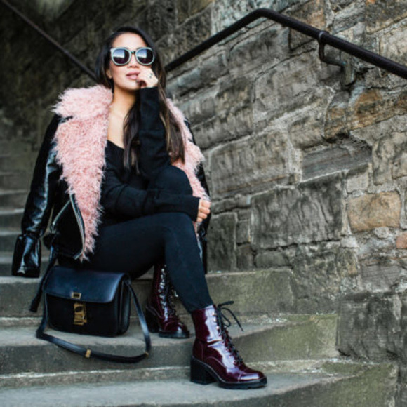 Designer ROCK CHIC Moto Jacket Pink Faux Fur Black Leather - Picture 1 of 9